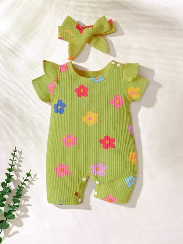 SHEIN Playful Pals Baby Girl Cap Sleeve Romper, Cap Sleeve Jumpsuit, Infant Girls Comfortable Printed Casual For Summer, Holiday, Home