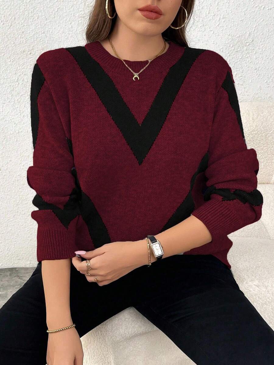 EMERY ROSE 大码女式休闲时尚修身圆领长袖提花针织套头衫，秋冬 - 酒紅色 - 查看 1