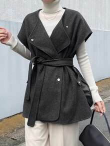 FRIFUL Women's Solid Dark Grey Lapel Sleeveless Cinched Waist Waist Slit Side Casual Versatile Woolen Autumn Dress Jacket Women Coats - Grey - View 3