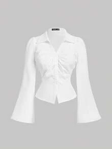 SHEIN MOD Áo cánh tay loe xếp nếp cổ chữ V cỡ lớn cho nữ, thắt eo, áo sơ mi dài tay, quần áo, áo cánh cài nút, dành cho nữ đi hòa nhạc, dành cho nữ đi sân bay, năm mới, ngày lễ tình nhân - trắng - Xem 1
