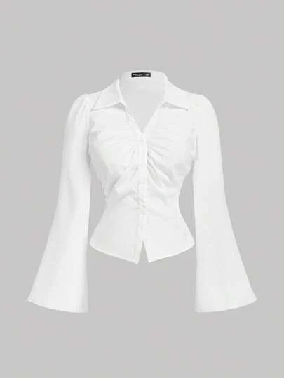 SHEIN MOD 大码女式 V 领荷叶边喇叭袖衬衫，收腰，黑色长袖衬衫，巫婆服装，纽扣衬衫，演唱会女装，机场女装，新年，情人节