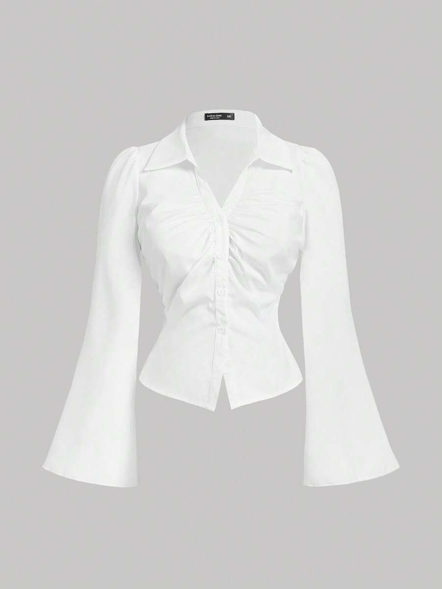 SHEIN MOD Áo cánh tay loe xếp nếp cổ chữ V cỡ lớn cho nữ, thắt eo, áo sơ mi dài tay, quần áo, áo cánh cài nút, dành cho nữ đi hòa nhạc, dành cho nữ đi sân bay, năm mới, ngày lễ tình nhân - trắng - Xem 1