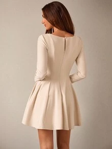 SHEIN BAE 杏色长袖修身荷叶边下摆迷你连衣裙，适合日常穿着、约会、派对、优雅鸡尾酒会、浪漫约会、聚会、正式活动、伴娘礼服、晚间外出 - 杏色 - 查看 2