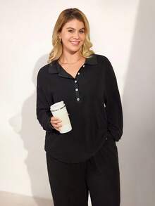 Momelise Plus Size Casual Loose Comfortable Half-Zip Collar Long Sleeve Top And Straight Leg Pants 2 Pieces Set For Women