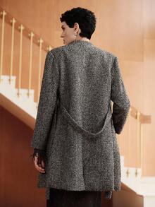 Uhlyne 英伦风秋冬小立领腰带双色厚花呢口袋大衣 - 黑與白 - 查看 5