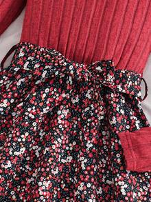 SHEIN 1 chiếc váy dài tay cổ tròn họa tiết hoa chắp vá chải kỹ cho bé gái, ngọt ngào và nữ tính, mùa thu - Đỏ - Xem 8