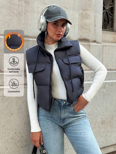 EURMUSE Puffervest, Streetstyle, Ritsdetail, Trekkoordhals, Winterlaagjes, Functionele zakken, Casual bovenkleding, Urban Fashion