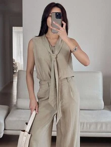 DAZY Women's Sleeveless Poncho Top And Loose Straight Leg Pants 2 Pieces Casual Set - Khaki - View 6