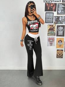 StreetHx Women's Contrast Color Patchwork Print Punk Flare Pants - White - View 6