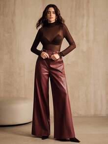 Anewsta 女士高腰阔腿 PU 皮裤，酒红色，商务休闲新款，适合万圣节、秋冬 - 酒紅色 - 查看 3