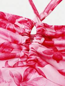 Tween Girl Pink Tankini Swimsuits,Tie Dye Floral Print Boho Summer Beach Vacation Bathing Suit,Drawstring Ruched Halter Backless Snug Fit Tank Top - Watermelon Pink - View 3