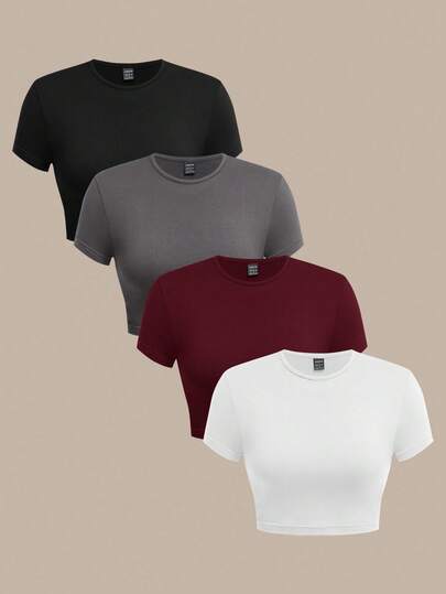 SHEIN BASICS 4pcs/Set Casual Solid Color Knit Round Neck Short Sleeve Fitted Cropped Women T-Shirts