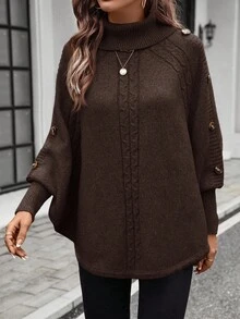 SHEIN LUNE Áo len Poncho cổ lọ tay cánh dơi cài nút trang trí viền bất đối xứng cho nữ, Áo len dệt kim màu nâu thu đông Áo len màu nâu Áo len Poncho màu nâu Áo len cổ lọ màu nâu cho nữ Áo len cài nút màu nâu - Cà phê nâu - Xem 4