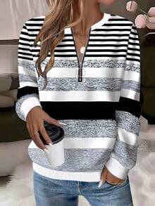 EMERY ROSE Textured Striped Print Zip-Up Round Neck Plus Size Women Sweatshirt