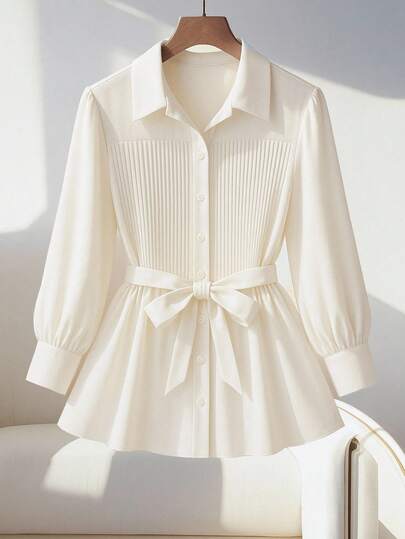 GlowEve CURVE Plus Size Women's Bestselling Pleated Fitted Elegant Blouse, Versatile For Commuting, Waist Cinching Slimming Top Fall Cloth For Women