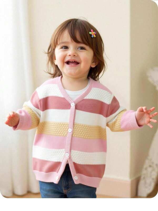 SHEIN Cardigan rayé mignon et polyvalent pour bébé fille, décontracté pour l'automne/l'hiver