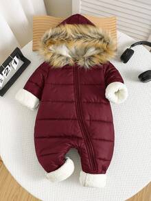 新生男婴/女婴可爱黑色保暖连帽连体衣，适合秋冬季户外、滑雪 - 酒紅色 - 查看 3