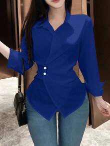 EMERY ROSE 女士纯色长袖裹身衬衫，春秋女士衬衫 - 寶藍色 - 查看 5