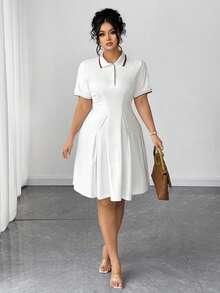Elenzga Plus Size Women's New Fashion Wave Flare Ribbed Collar Short Sleeve Dress