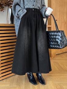 DAZY 女士A字牛仔裙，宽松休闲优雅 - 黑色 - 查看 2