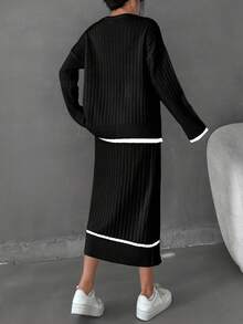 EURMUSE Women Striped Detailed Sweater Long Skirt Set Co-Ords - Black - View 2