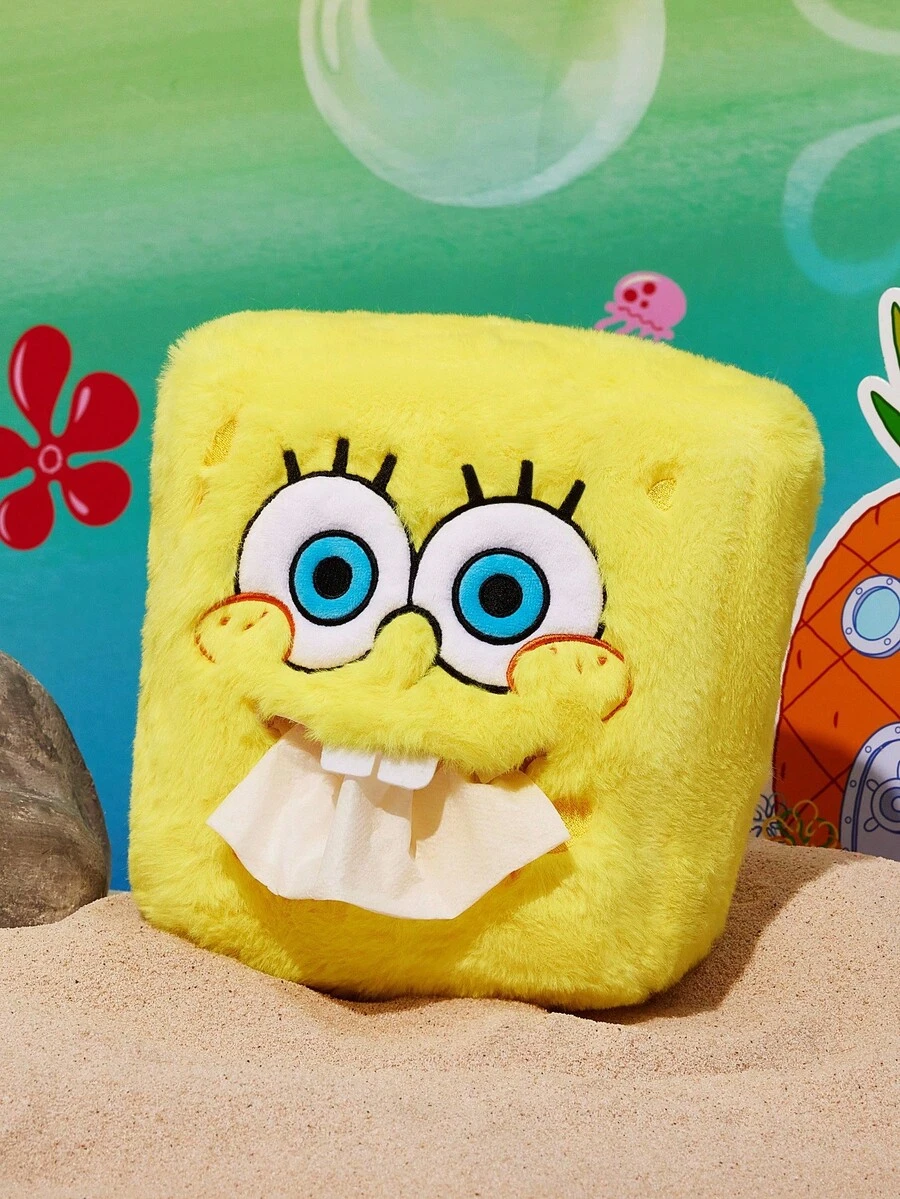 SpongeBob SquarePants | SHEIN 1pc Plush Cartoon Embroidered Tissue Box, Adorable 3D Design, Exquisite Embroidery, Suitable For Home, Car, Office, Fits Various Tissue Sizes