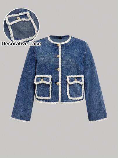 SHEIN MOD 大码女式流苏边长袖单排扣口袋休闲牛仔夹克 女式牛仔夹克 短款牛仔夹克 流苏牛仔夹克 串珠牛仔夹克 短款牛仔夹克 女式装饰牛仔夹克 酸洗牛仔夹克