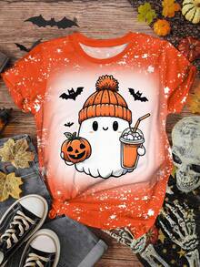 大码女式万圣节幽灵印花图案T恤，休闲夏季女式上衣 - 彩色 - 查看 1