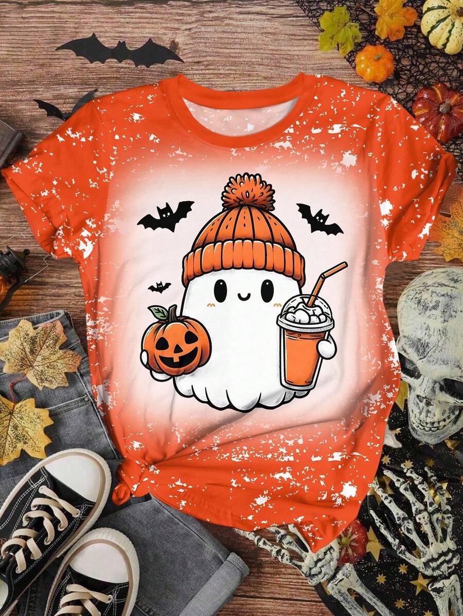 大码女式万圣节幽灵印花图案T恤，休闲夏季女式上衣 - 彩色 - 查看 1