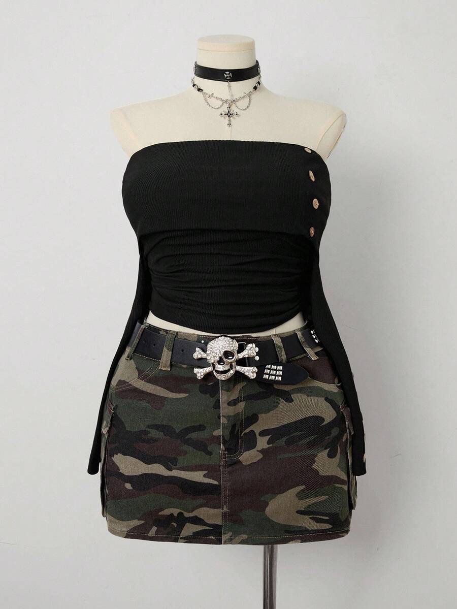 Sunspun Plus Size Camouflage Stretch Mini Cargo Jean Skirt - Multicolor - View 1