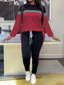 EMERY ROSE Ensemble 2 pièces grande taille, Top manches longues casual blocs de couleurs et pantalon, automne - Multicolore - Voir 3