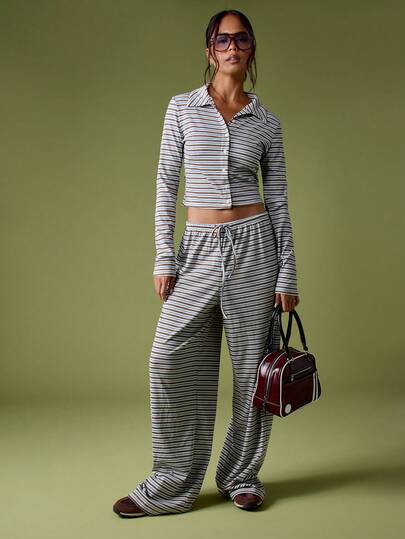 MISSGUIDED Striped Button Up Crop Top And Wide Leg Palazzo Pants Matching Set Fall Winter Loungewear Casual Modern Ribbed Two Piece Coord