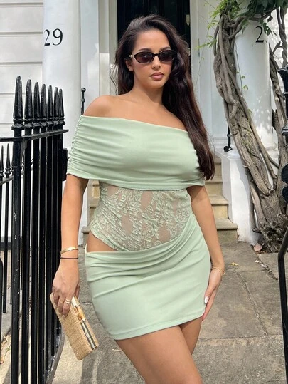 NegzBox 女式性感优雅露肩镂空透视蕾丝撞色网眼迷你连衣裙