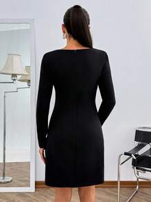 SHEIN Cottnline Women's Solid Long Sleeve Rhinestone Detailed Mini Dress - Black - View 2