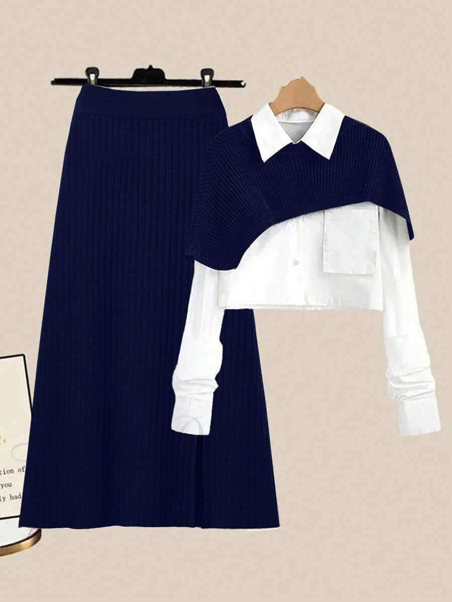 Lyxana Women's Solid Color Rib Knit Sweater Shawl & Skirt Set - Navy Blue - View 1