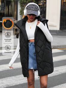 EURMUSE Quilted Hooded Sleeveless Puffer Vest With Front Zipper And Side Pockets In Matte Black Finish Women Work Outfits - Black - View 1