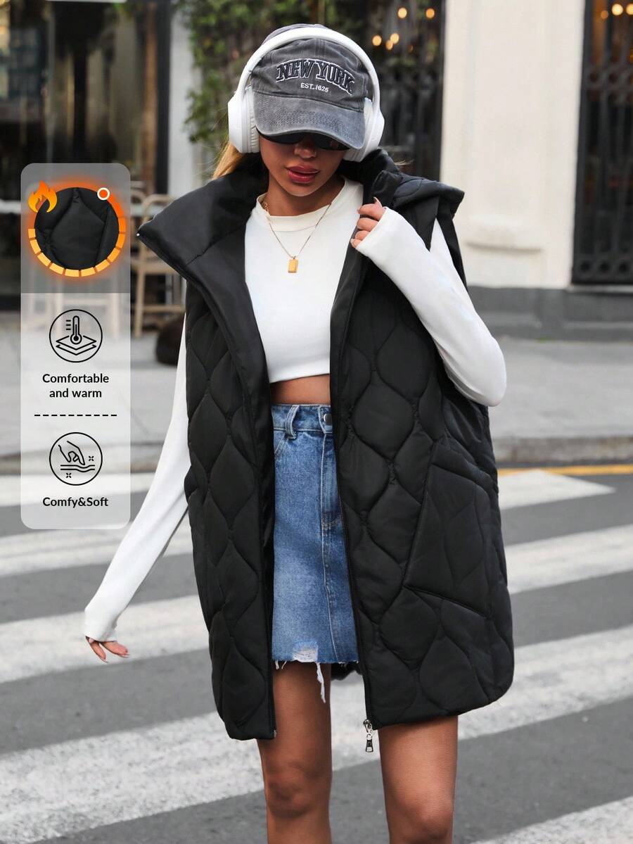 EURMUSE Quilted Hooded Sleeveless Puffer Vest With Front Zipper And Side Pockets In Matte Black Finish Women Work Outfits - Black - View 1