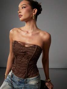 Hauture 女士摩卡棕色交叉系带性感外出紧身胸衣 - 咖啡棕 - 查看 1