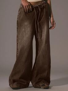 MUSERA Drawstring Denim Trousers Spring 90's Y2k Cute Elegant Casual Vacation Summer Western Holiday Concert Fall Autumn Winter Nashville Casual  Chic - Brown - View 2