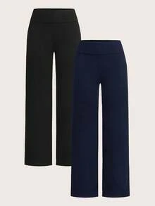 SHEIN EZwear 2 件套黑色和海军蓝高腰阔腿直筒休闲裤，适合夏季 - 彩色 - 查看 9