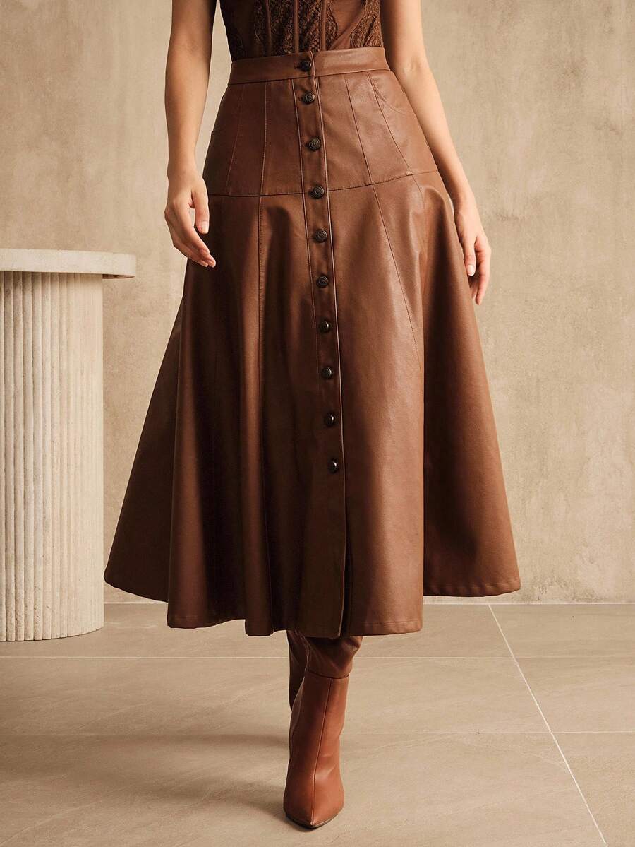 Anewsta Falda acampanada con pliegues nueva para mujer, elegante estilo callejero para conciertos - Caqui - Ver 1