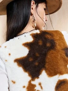 Easelle 复古游牧铆钉奶牛印花毛绒背心，宽松设计女式背心夹克奶牛印花背心牛仔背心西部背心西部上衣仿皮草背心秋冬 - 彩色 - 查看 9