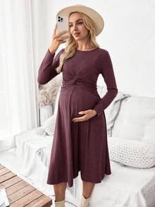 SHEIN Đầm cho con bú tay dài cổ tròn màu trơn thiết kế xoắn đơn giản cho bà bầu - Màu tím - Xem 5