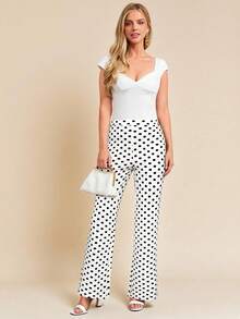 Amorya Women's Vintage Polka Dot Black & White Print Knit Elastic Pants, Suitable For Daily, Commuting And Multi-Occasion Wear, Autumn