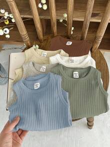 SHEIN Vintaside Kids Bodysuit Casual Sem Manga de Cor Sólida para Bebê Menino, Verão - Multicolorido - Visão 6