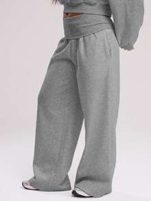 MUSERA Extreme Wide Leg Fold Over Waist Pants  Casual  Airport Fall, Autumn, , - Dark Grey - View 3