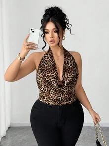 Elenzga Plus Size Women Elegant Party Sexy Halter Plunging Neck Leopard Print Camisole - Multicolor - View 4