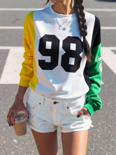 SHEIN MOOSTA Slogan Graphic Colorblock Drop Shoulder Sweatshirt,Long Sleeve Tops Pullover Fall