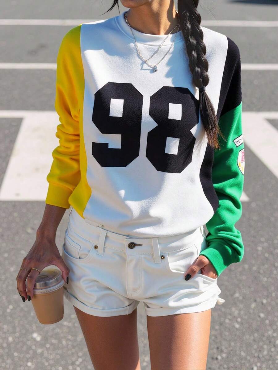 SHEIN MOOSTA Áo nỉ tay dài tay dáng rộng, phối màu, in khẩu hiệu, kiểu dáng mùa thu. - Nhiều màu - Xem 1