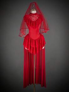 SHEIN ICON 女式红色万圣节迷你立领蕾丝网眼分层不对称下摆服装连衣裙 - 紅色 - 查看 6